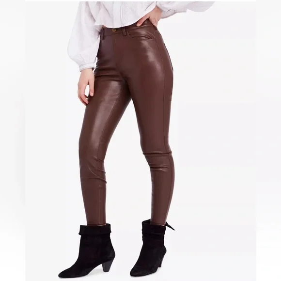 Free People Women’s Brown Faux Leather High Waist Casual Skinny Boho Pants, 30 - Picture 3 of 3
